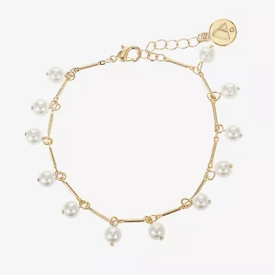 Liz Claiborne Gold Tone Womens White Simulated Pearl Round Strand Bracelet