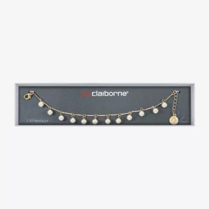 Liz Claiborne Gold Tone Womens White Simulated Pearl Round Strand Bracelet