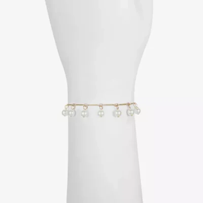 Liz Claiborne Gold Tone Womens White Simulated Pearl Round Strand Bracelet