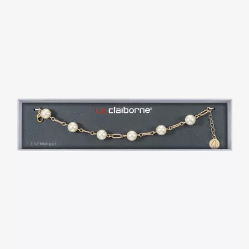 Liz Claiborne Gold Tone Womens White Simulated Pearl Round Strand Bracelet