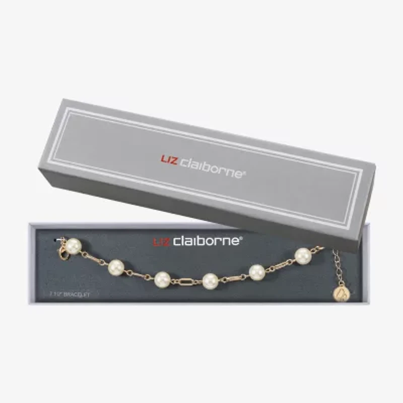 Liz Claiborne Gold Tone Womens White Simulated Pearl Round Strand Bracelet