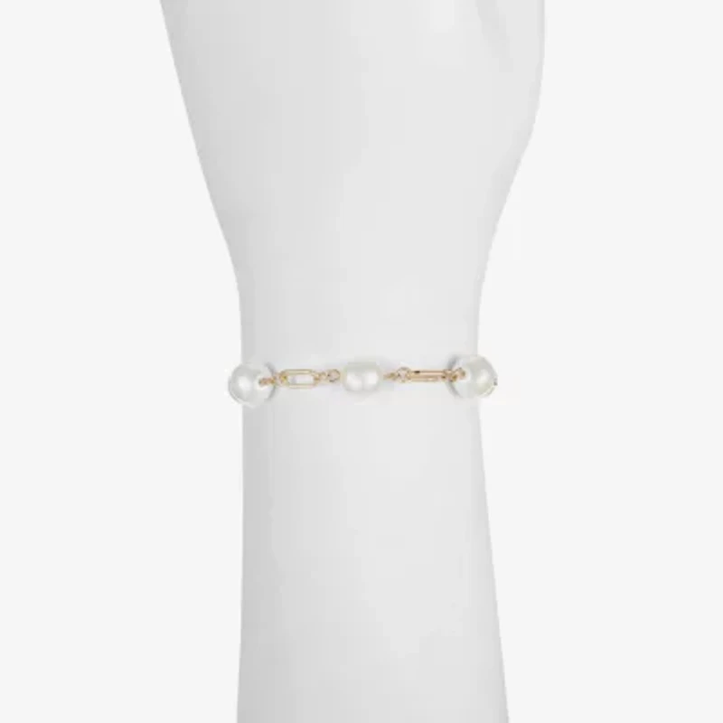 Liz Claiborne Gold Tone Womens White Simulated Pearl Round Strand Bracelet
