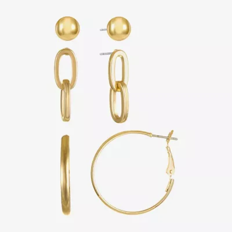 Liz Claiborne Gold Tone; Stud; Drop And Hoop Womens Hypoallergenic 3 Pair Earring Set