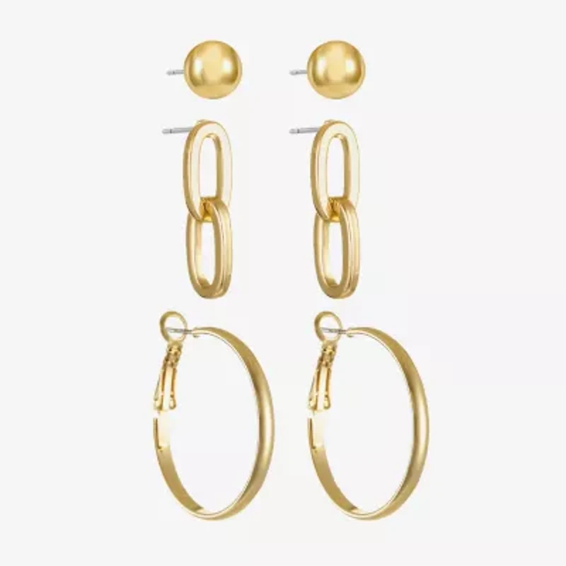 Liz Claiborne Gold Tone; Stud; Drop And Hoop Womens Hypoallergenic 3 Pair Earring Set
