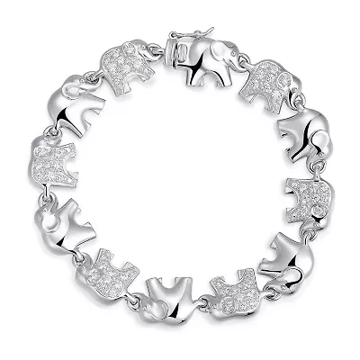 Sterling Silver Rhodium Plated Cubic Zirconia Elephant Bracelet 6.75-8"