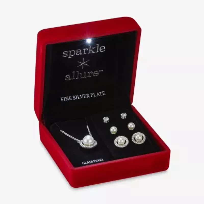 Sparkle Allure Light Up Box Womens Cubic Zirconia Simulated Pearl Pure Silver Over Brass 4-pc. Jewelry Set