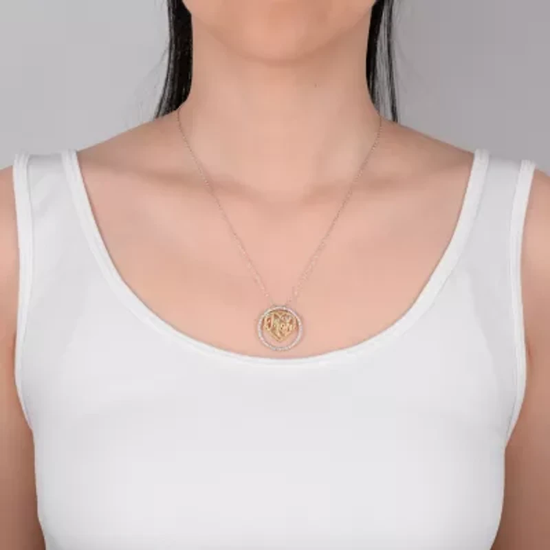 18K Gold over Silver 3-in-1 Cubic Zirconia Circle Heart "Mom" Necklace