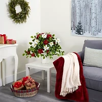 Nearly Natural 23in. Faux Poinsettia Holly Plant Green Christmas Tabletop Decor
