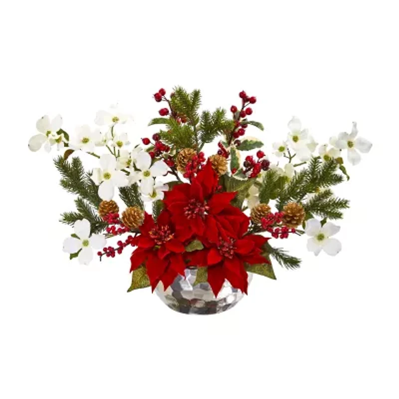 Nearly Natural 18in. Faux Poinsettia Pine Flower Arrangement Christmas Tabletop Decor