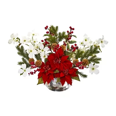 Nearly Natural 18in. Faux Poinsettia Pine Flower Arrangement Christmas Tabletop Decor