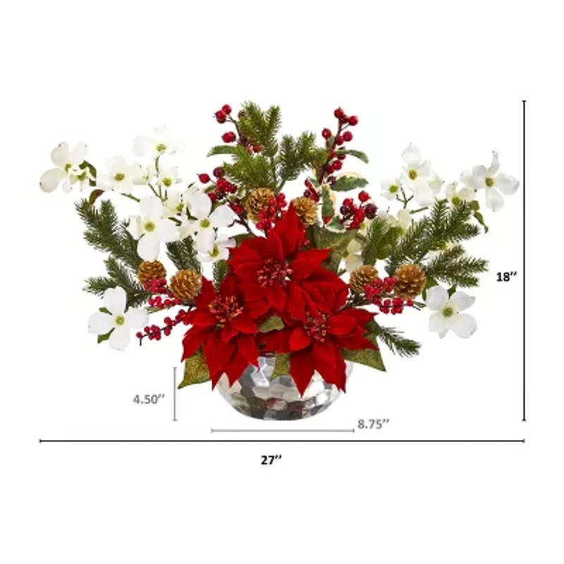 Nearly Natural 18in. Faux Poinsettia Pine Flower Arrangement Christmas Tabletop Decor