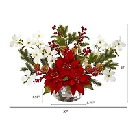 Nearly Natural 18in. Faux Poinsettia Pine Flower Arrangement Christmas Tabletop Decor