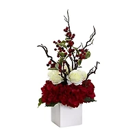 Nearly Natural 23.5in. Faux Hydrangea Rose Arrangement Red Christmas Tabletop Decor