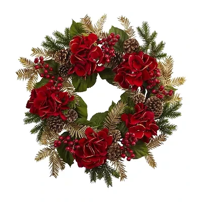 Nearly Natural 24in. Faux Hydrangea Pine Wreath