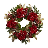 Nearly Natural 24in. Faux Hydrangea Pine Wreath