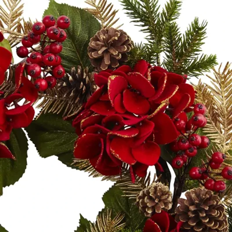 Nearly Natural 24in. Faux Hydrangea Pine Wreath