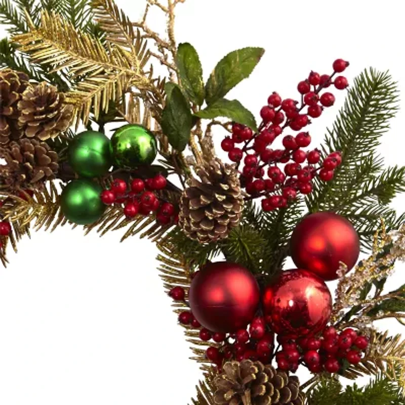 Nearly Natural 24in. Ornament Pine & Pinecone Wreath