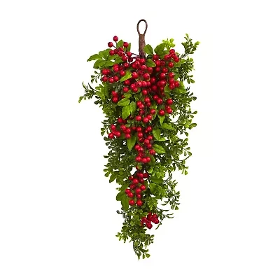 Nearly Natural 26in. Berry Boxwood Teardrop Wreath