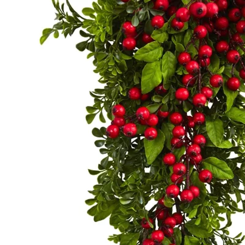 Nearly Natural 26in. Berry Boxwood Teardrop Wreath
