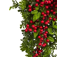 Nearly Natural 26in. Berry Boxwood Teardrop Wreath