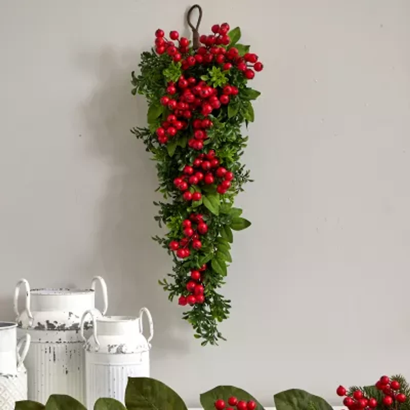 Nearly Natural 26in. Berry Boxwood Teardrop Wreath
