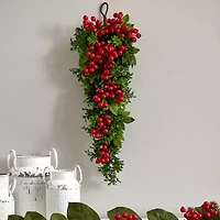 Nearly Natural 26in. Berry Boxwood Teardrop Wreath