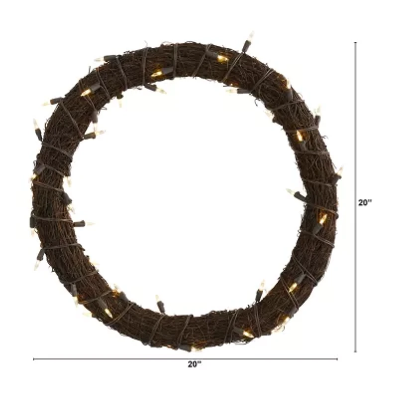Nearly Natural 20in. Vine With White Warm Pre-Lit Wreath