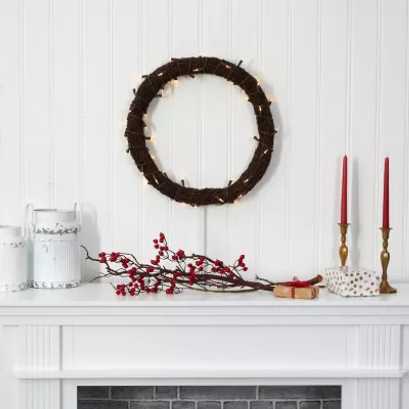 Nearly Natural 20in. Vine With White Warm Pre-Lit Wreath