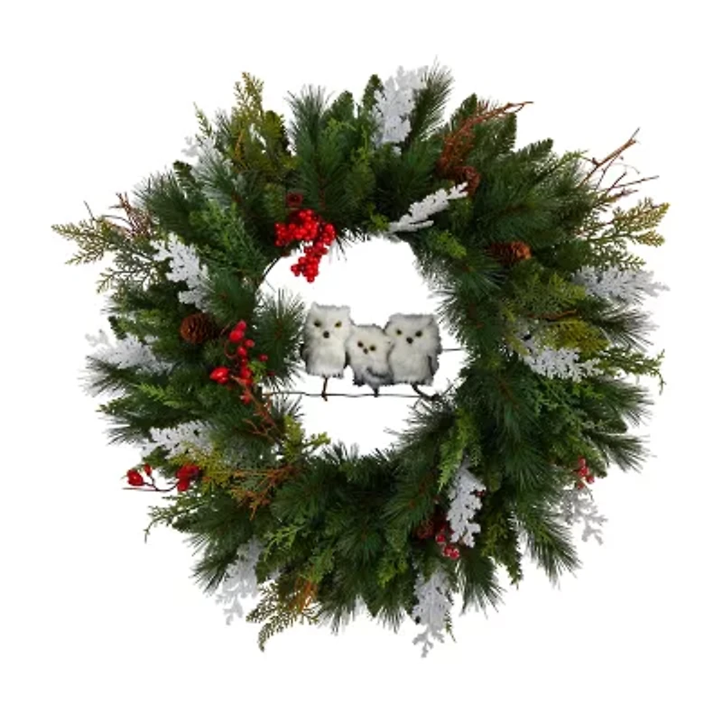 Nearly Natural 2' Winter Owl Pinecone Berry Faux Wreath