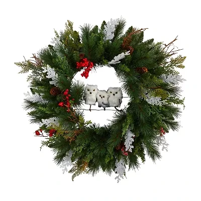 Nearly Natural 2' Winter Owl Pinecone Berry Faux Wreath
