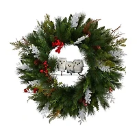 Nearly Natural 2' Winter Owl Pinecone Berry Faux Wreath