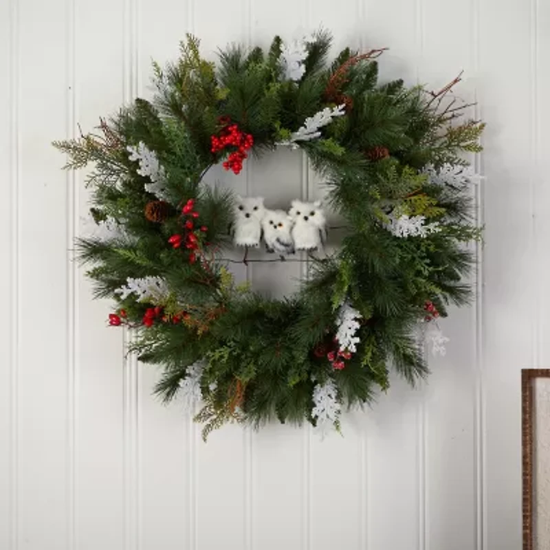 Nearly Natural 2' Winter Owl Pinecone Berry Faux Wreath