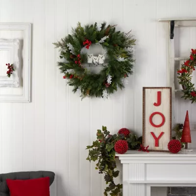 Nearly Natural 2' Winter Owl Pinecone Berry Faux Wreath