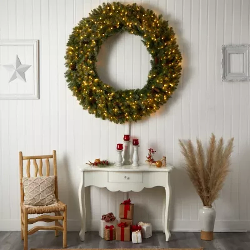 Nearly Natural 5ft. Flocked Faux Pre-Lit Wreath