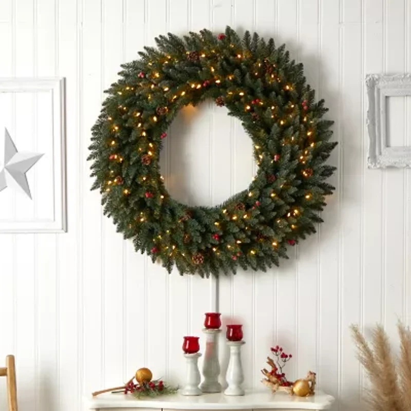 Nearly Natural 4ft. Large Flocked Faux Pre-Lit Wreath