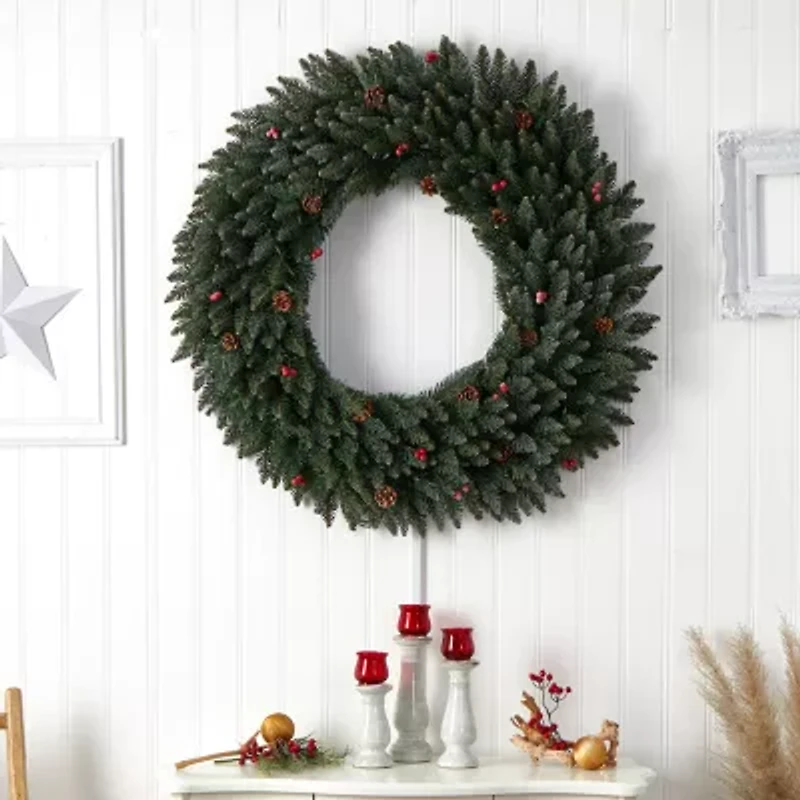 Nearly Natural 4ft. Large Flocked Faux Pre-Lit Wreath