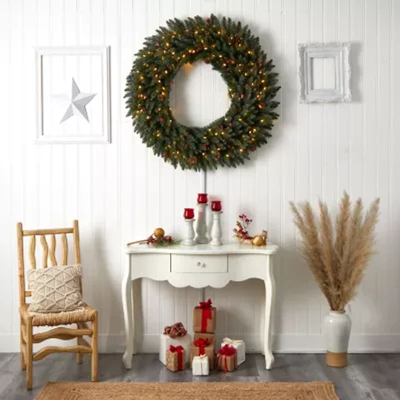 Nearly Natural 4ft. Large Flocked Faux Pre-Lit Wreath