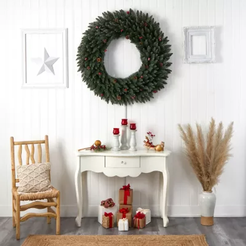 Nearly Natural 4ft. Large Flocked Faux Pre-Lit Wreath
