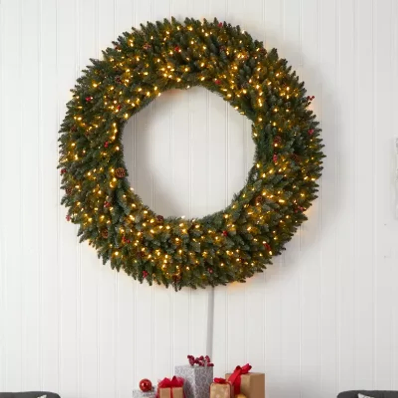 Nearly Natural 5ft. Large Flocked Faux Pre-Lit Wreath