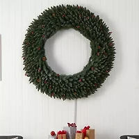 Nearly Natural 5ft. Large Flocked Faux Pre-Lit Wreath