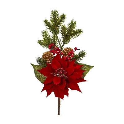 Nearly Natural 17in. Faux Poinsettia Pine Stem Set Red 6-pc. Christmas Tabletop Decor