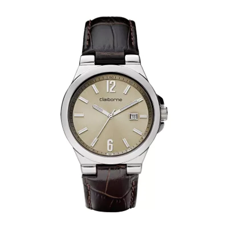 Claiborne Mens Brown Leather Strap Watch