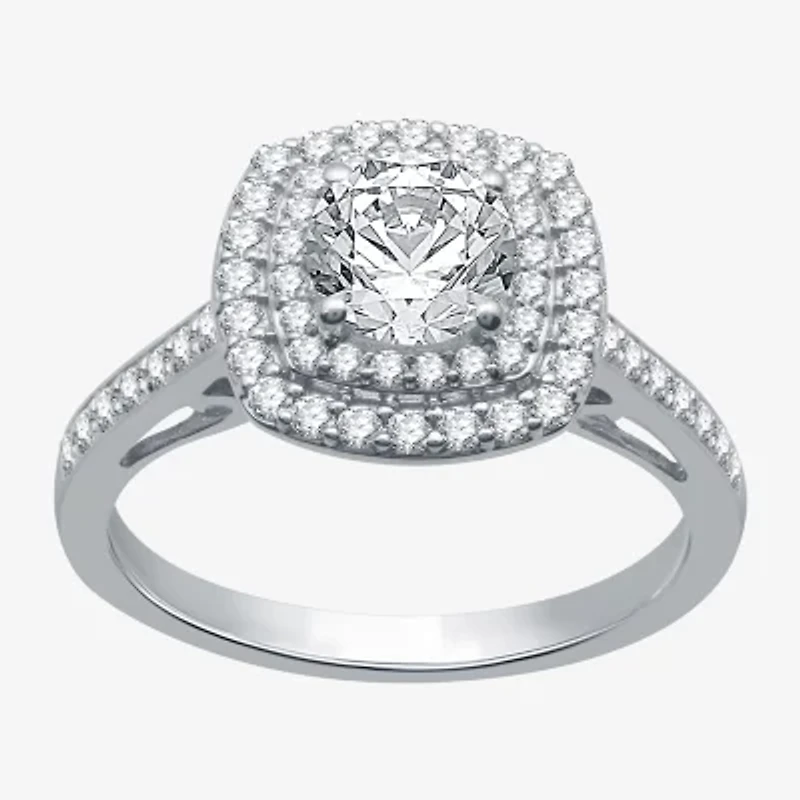 Signature By Modern Bride (H-I / I1) Womens 1 1/2 CT. T.W. Lab Grown White Diamond 10K Gold Cushion Side Stone Halo Engagement Ring
