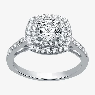 Signature By Modern Bride (H-I / I1) Womens 1 1/2 CT. T.W. Lab Grown White Diamond 10K Gold Cushion Side Stone Halo Engagement Ring