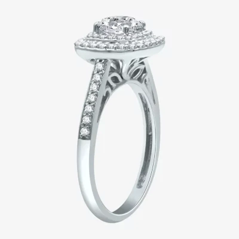 Signature By Modern Bride (H-I / I1) Womens 1 1/2 CT. T.W. Lab Grown White Diamond 10K Gold Cushion Side Stone Halo Engagement Ring