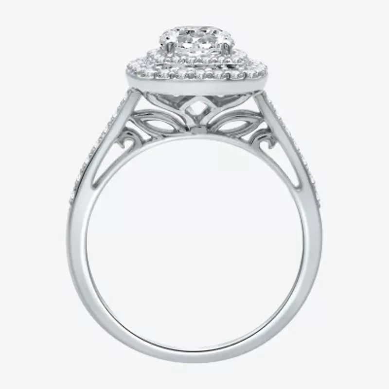 Signature By Modern Bride (H-I / I1) Womens 1 1/2 CT. T.W. Lab Grown White Diamond 10K Gold Cushion Side Stone Halo Engagement Ring