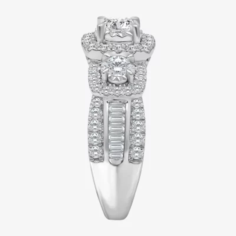 (I / I1) Love Lives Forever Womens 2 CT. T.W. Lab Grown White Diamond 10K or 14K Gold Cushion Side Stone 3-Stone Engagement Ring