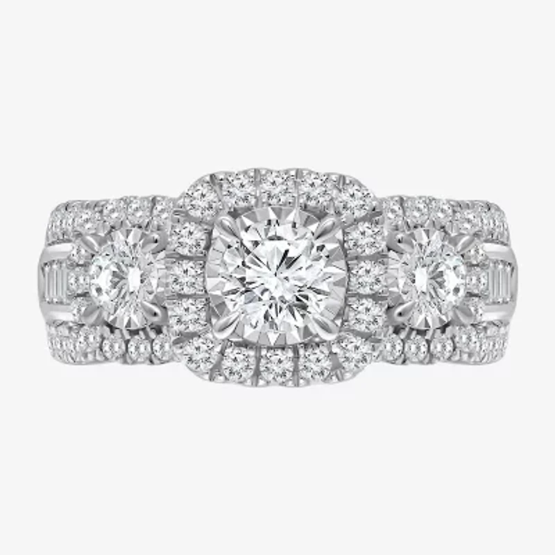 (I / I1) Love Lives Forever Womens 2 CT. T.W. Lab Grown White Diamond 10K or 14K Gold Cushion Side Stone 3-Stone Engagement Ring