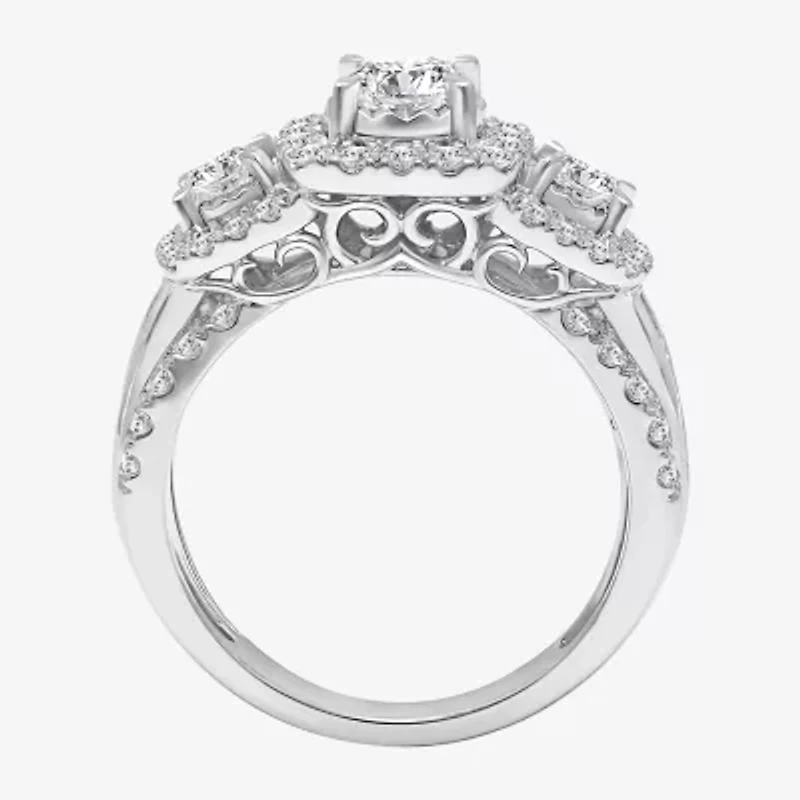 (I / I1) Love Lives Forever Womens 2 CT. T.W. Lab Grown White Diamond 10K or 14K Gold Cushion Side Stone 3-Stone Engagement Ring
