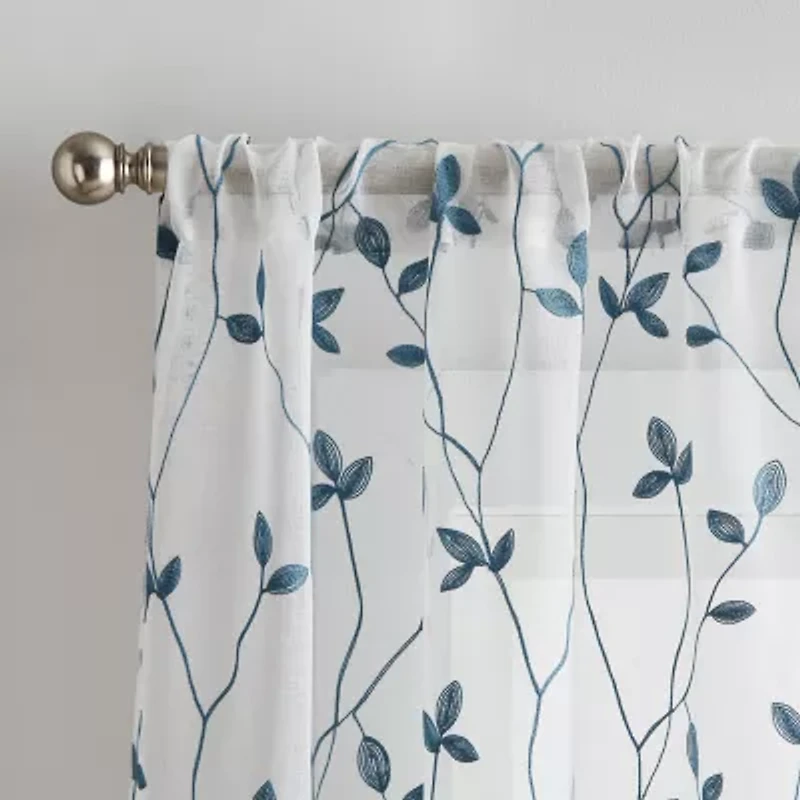 CHF Botanical Embroidery Rod Pocket Embroidered Sheer Set of 2 Curtain Panel
